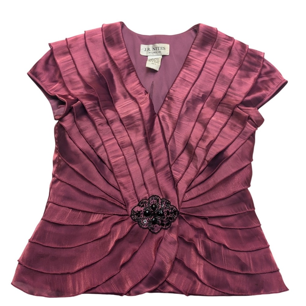 J.R. Nites Evening Top Womens 8 Plum Tiered Ruffle Beaded V-Neck Cap Sleeve